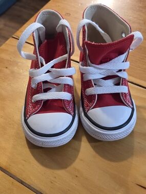 Kids Red Canvas High-Top Sneakers with White Laces